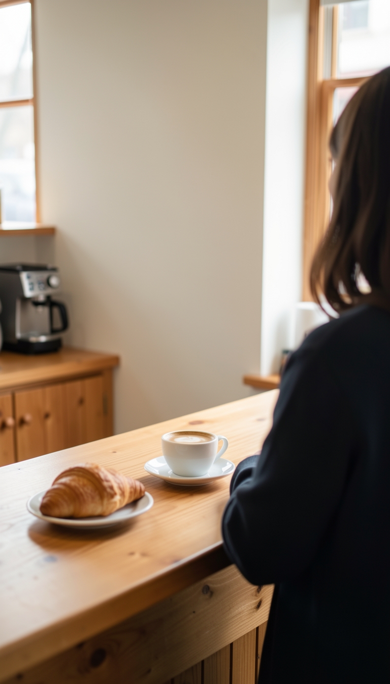 A customer seen from behind waits at the wooden counter of a small café.