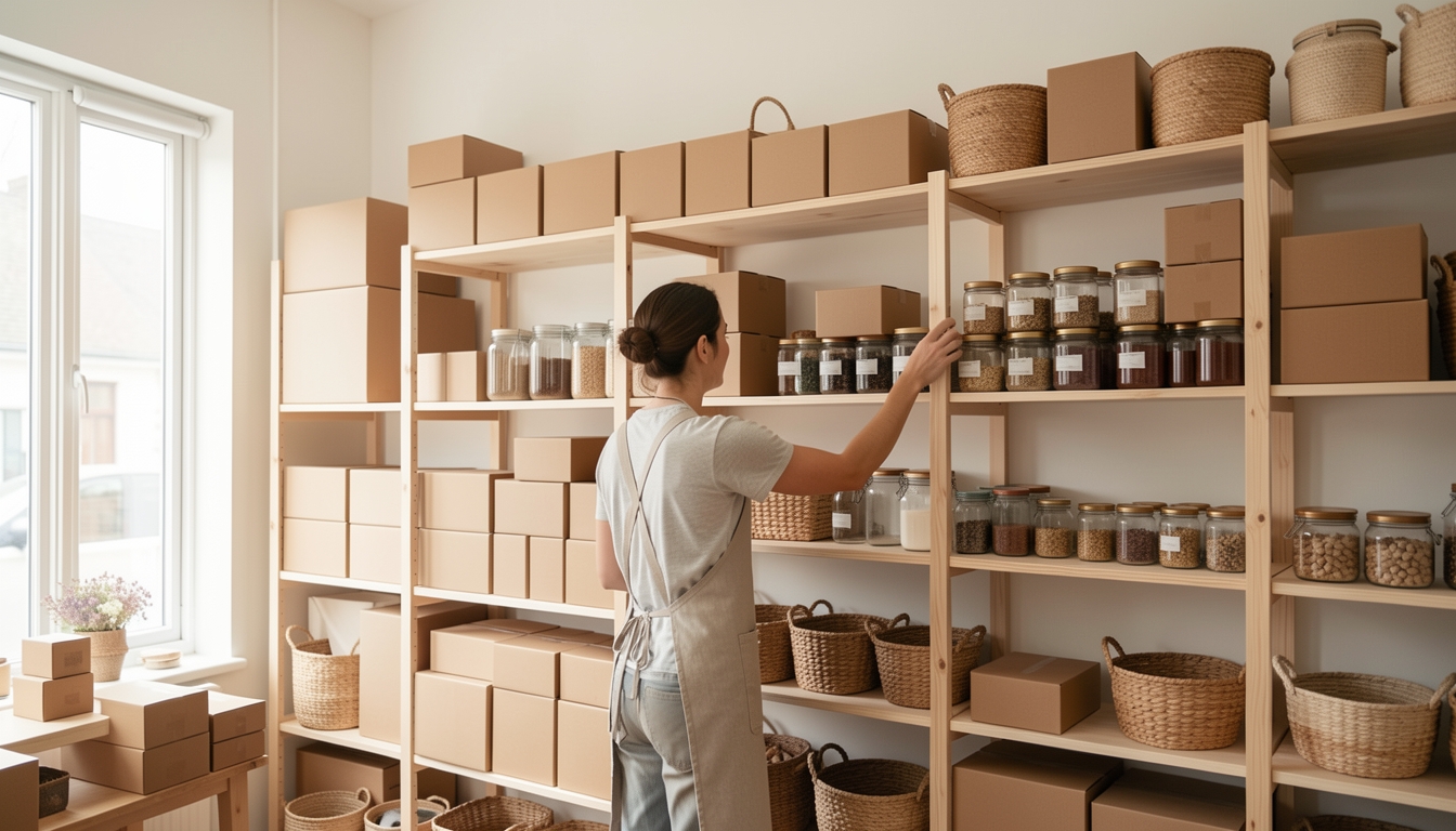 A shop owner seen from behind reaches for a box on a shelf in a bright stockroom.